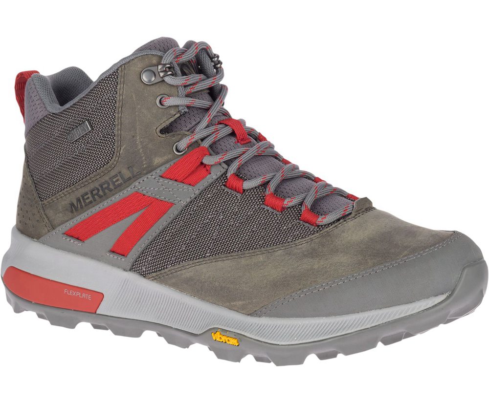 Merrell Hiking Boots Grey/Red - Zion Mid Waterproof - Mens 81OQVDBYX